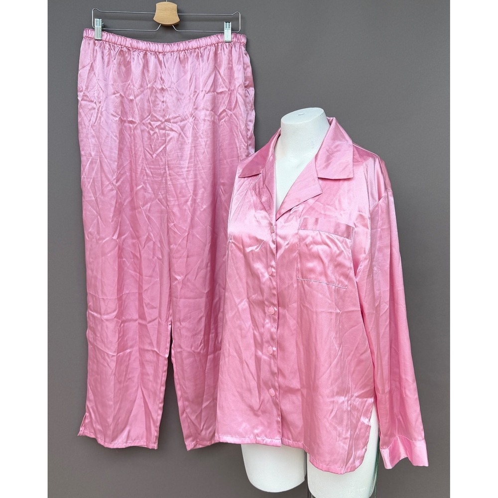 Lord Taylor Pink Satin Pajama Set Large L Button Down Long Sleeve Sleepwear PJs